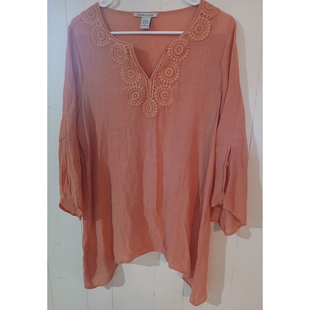 Coral Tunic Top - V-Neck with Crochet Detail Women's Large Gauzy Boho Peasant
